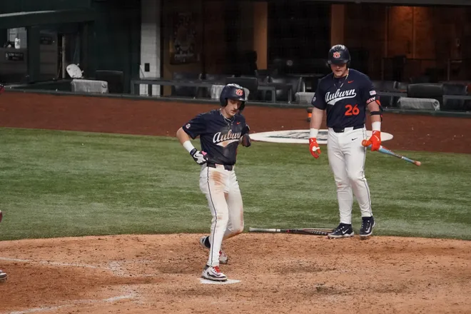 Feb 21, 2026; Arlington, TX, USA; Florida State Seminoles vs Auburn Tigers during the Amegy Bank College Baseball Series at Globe Life Field. Mandatory Credit: Raymond Carlin III-Imagn Images