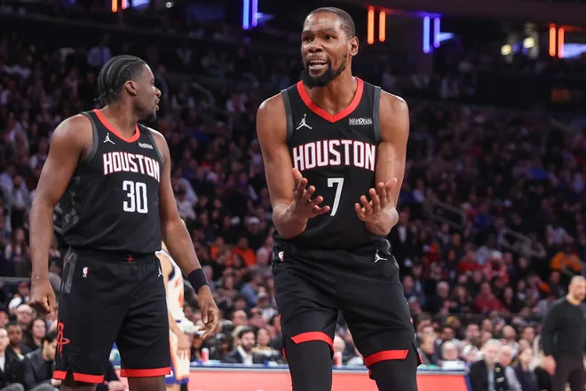 Feb 21, 2026; New York, New York, USA; Houston Rockets forward Kevin Durant (7) reacts to a call in the third quarter against the New York Knicks at Madison Square Garden. Mandatory Credit: Wendell Cruz-Imagn Images