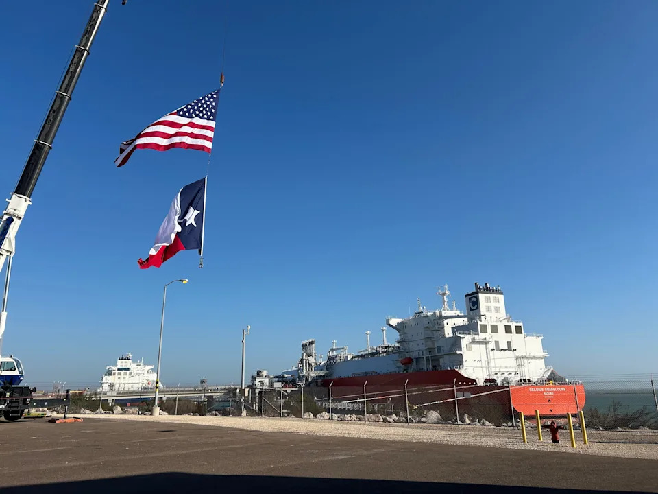 A marine vessel waits to load liquefied natural gas from Cheniere's Corpus Christi liquefaction facility, located near Gregory, on Feb. 26.