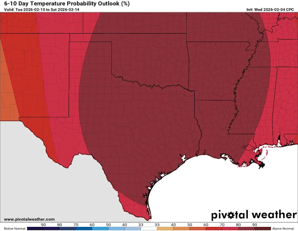 This map of Texas shows where the Climate Prediction Center expects above-normal warmth to be found through Feb. 14. (Climate Prediction Center / Pivotal Weather)