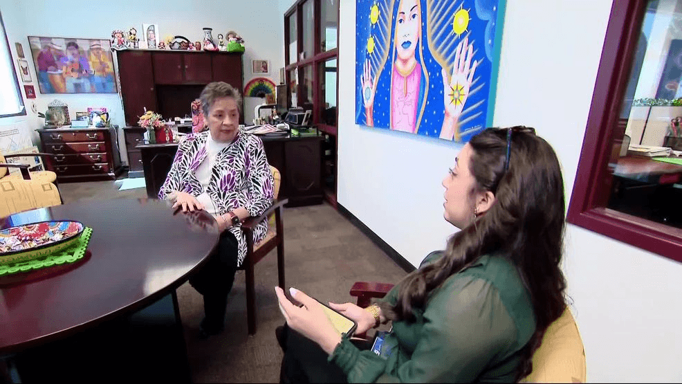 KFOX14/CBS4's Julia Spencer interviewing City representative Lily Limon regarding several water main breaks on Adabel Dr. in East El Paso. (Credit: KFOX14/CBS4)