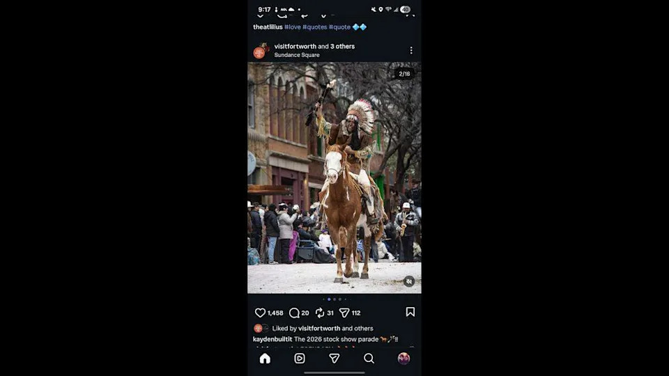 An Instagram post shows a man dressed as a Native American in the Fort Worth Stock Show and Rodeo’s All Western Parade. He appears to be wearing makeup to darken his complexion.