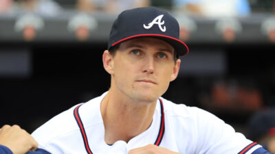 ATLANTA, GA - APRIL 06: Braves pitcher Kyle Wright looks on before the Braves 2023 home opener MLB game between the Atlanta Braves and the San Diego Padres on April 6, 2023 at Truist Park in Atlanta, Georgia. (Photo by David J. Griffin/Icon Sportswire)