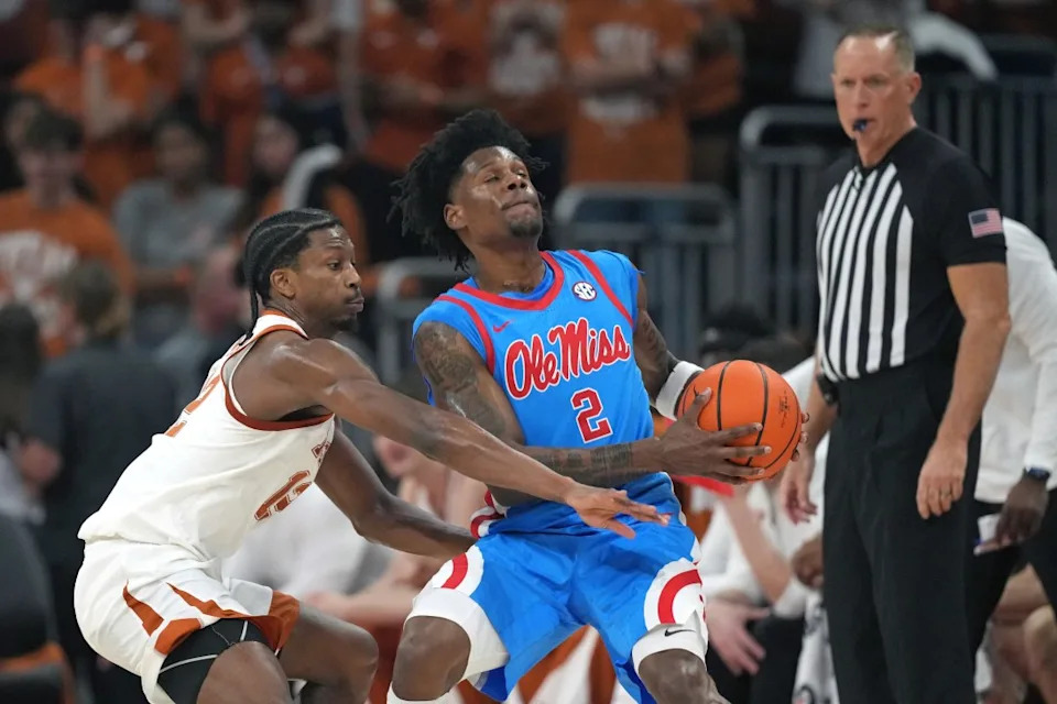 AUSTIN, TEXAS – FEBRUARY 7: Tramon Mark #12 defends of the Texas Longhorns defends AJ Storr #2 of the Ole Miss Rebels during the first half at Moody Center on February 7, 2026 in Austin, Texas. (Photo by Scott Wachter/Getty Images)