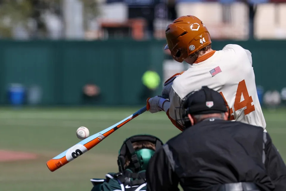 AUSTIN, TX – FEBRUARY 22: Outfielder Ashton Larson #44 of the Texas Longhorns hits the ball during the college baseball game between Texas Longhorns and Michigan State Spartans on February 22, 2026, at UFCU Disch-Falk Field in Austin, TX. (Photo by David Buono/Icon Sportswire via Getty Images)