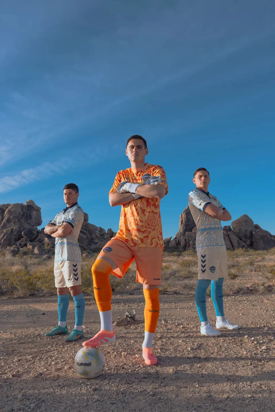 The El Paso Locomotive's Hueco Tanks Kit is modeled by, from left, Eric Calvillo, Sebastian Mora-Mora and Rubio Rubín.