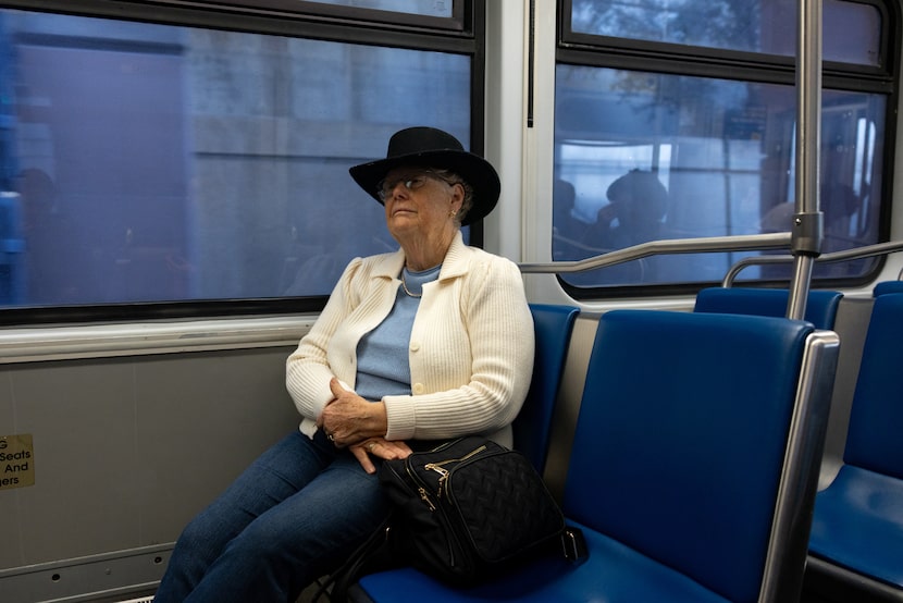 Colorado resident Patricia Wedemeier rides the DART in Dallas, Texas on Feb. 9, 2026. She...