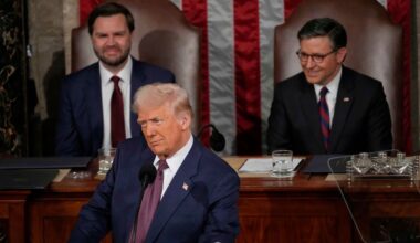 President Donald Trump addresses a joint session of Congress in the House chamber at the U.S. Capitol in Washington, Tuesday, March 4, 2025, as Vice President JD Vance and House Speaker Mike Johnson of La., listen. (AP Photo/Julia Demaree Nikhinson)