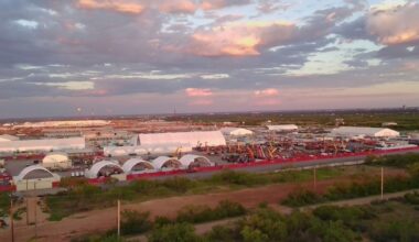 An entrance to the Stargate artificial intelligence data center complex in Abilene, Texas on Monday, Sept. 22, 2025.   (AP Photo/Matt O'Brien)