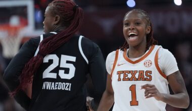 Texas guard Bryanna Preston (1) reacts to a score against Mississippi State during the second half of an NCAA college basketball game in Austin, Texas, Sunday, Feb. 22, 2026. (AP Photo/Eric Gay)