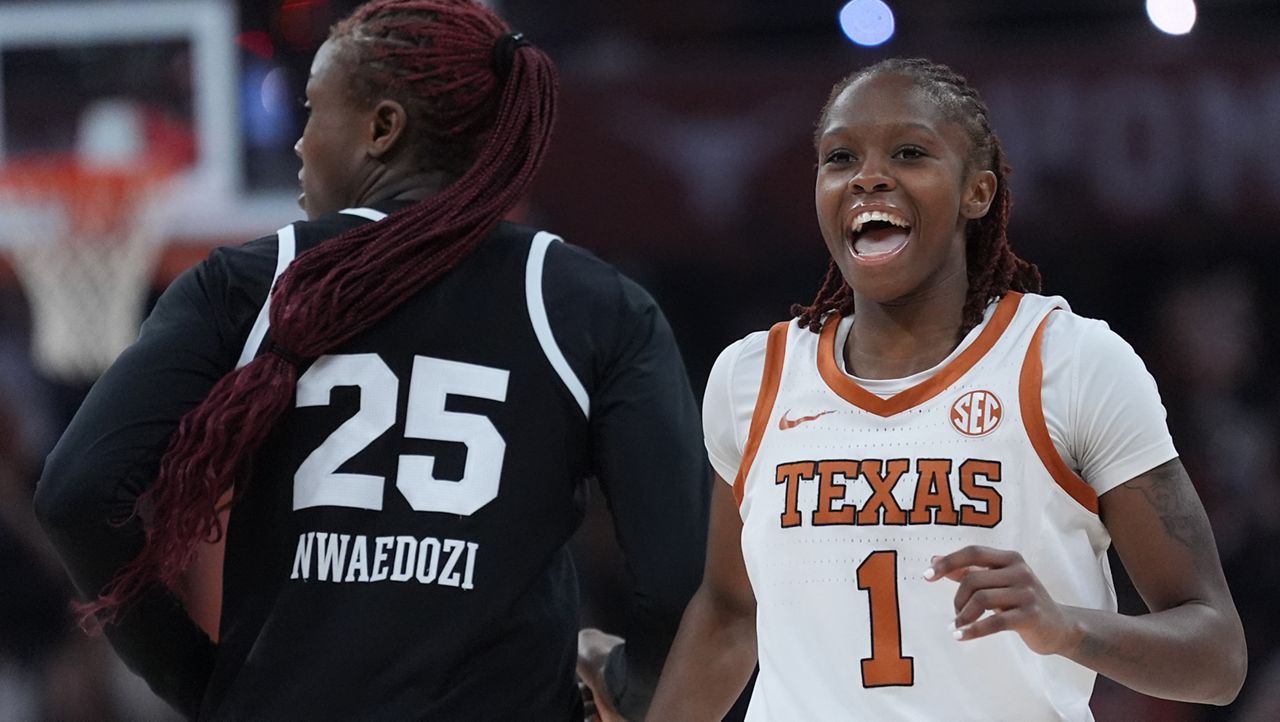 Texas guard Bryanna Preston (1) reacts to a score against Mississippi State during the second half of an NCAA college basketball game in Austin, Texas, Sunday, Feb. 22, 2026. (AP Photo/Eric Gay)