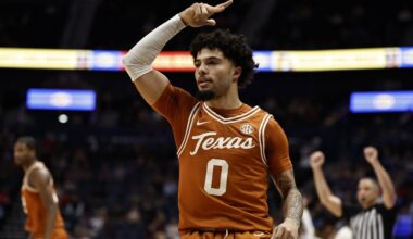 Texas guard Jordan Pope (0) celebrates his three-point shot against Texas A&M during the first half of an NCAA college basketball game in the second round of the Southeastern Conference tournament, Thursday, March 13, 2025, in Nashville, Tenn. (AP Photo/Wade Payne)