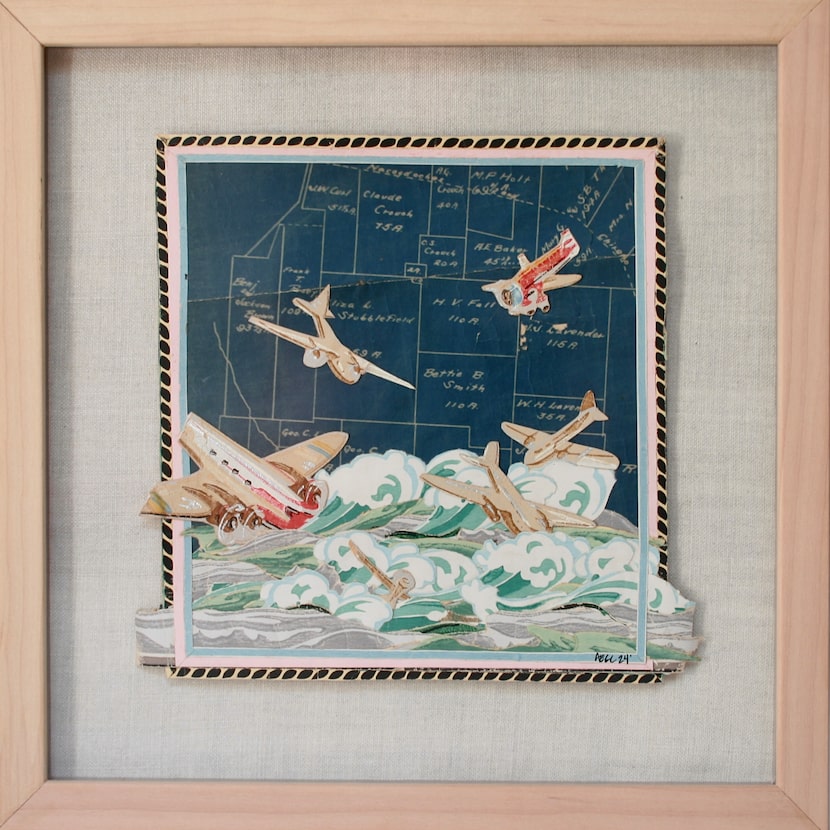 Ashley Canty’s 2024 work "The Bermuda Triangle of Nacogdoches" shows planes crashing into...