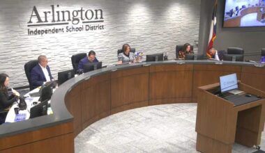 The Arlington ISD Board of Trustees began conversations about closing the East Arlington Blanton Elementary School on Jan. 8, 2026. The school board, shown in this screenshot of the meeting livestream, must make a decision by Jan. 31, 2026, per Texas Education Agency guidelines.