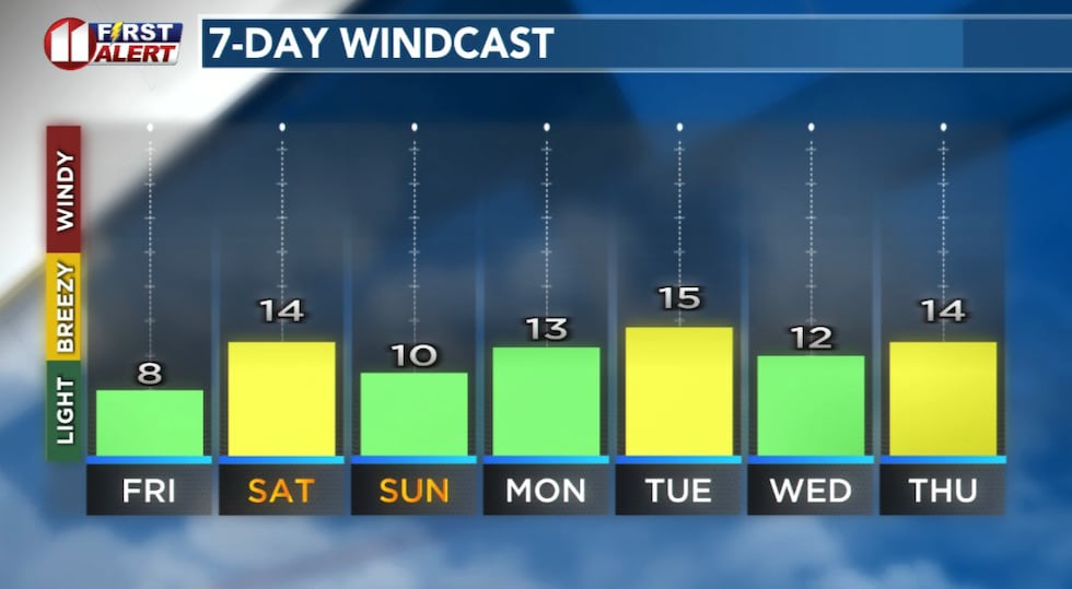 Forecast peak sustained winds are shown in this graph. Peak gusts will exceed the values shown...