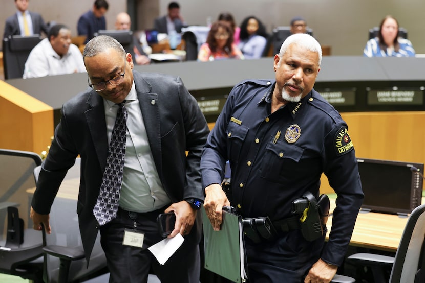 Dallas chief of public safety Dominique Artis (left) and police Chief Daniel Comeaux exit...