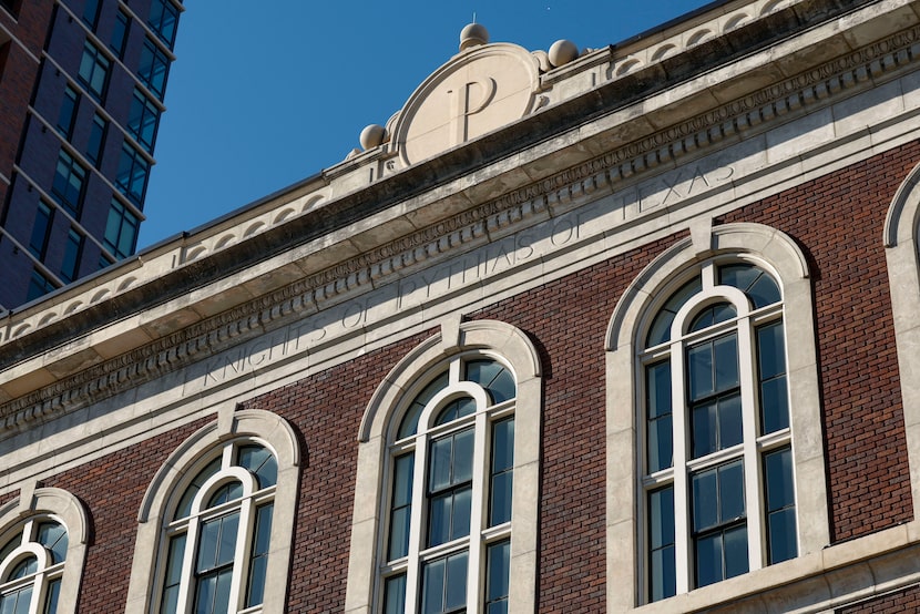 A large “P” is seen atop the Kimpton Pittman Hotel along with “Knights of Pythias of Texas,”...