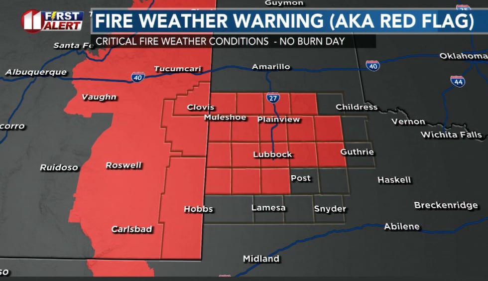 A Red Flag, or Fire Weather, Warning will be in effect from 11 AM through 7 PM Tuesday.