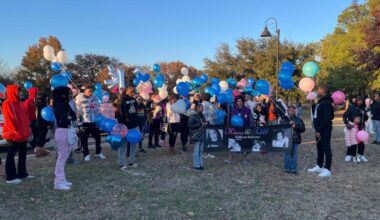 Family and friends of Kiara Valdez and Jahlil Kirkland gather for a balloon release Saturday, Dec. 21, 2024, at S.J. Stovall Park in Arlington.