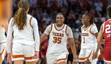 Texas guard Jordan Lee, left, forward Madison Booker (35) and guard Bryanna Preston (1) celebrate during a timeout in the second half of an NCAA college basketball game against Oklahoma, Sunday, Feb. 1, 2026, in Austin, Texas. (AP Photo/Stephen Spillman)