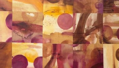 A painting of a patchwork of squares filled with abstract brush strokes and shapes.