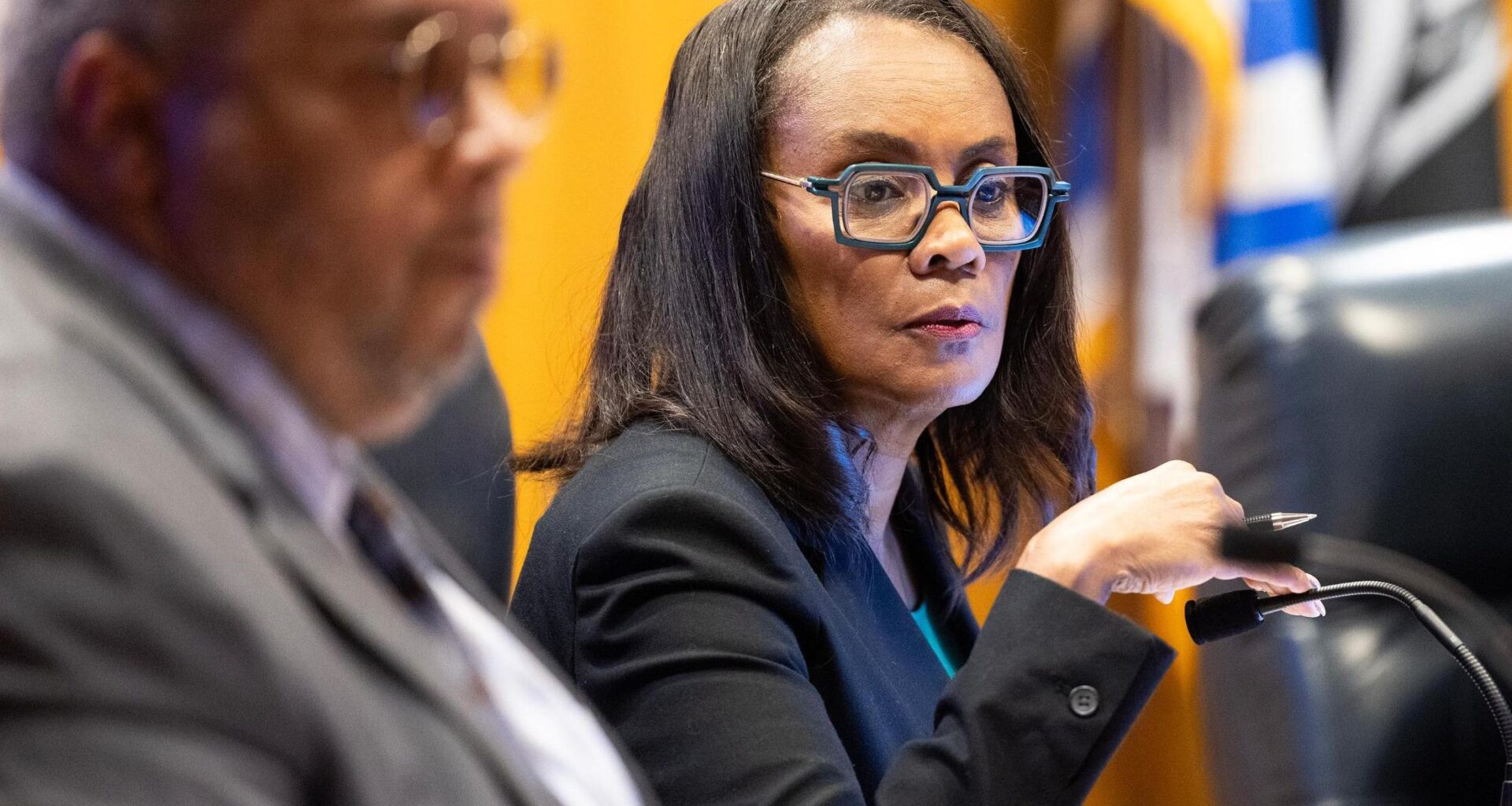 Alisa Simmons, the Tarrant County Commissioner of Precinct 2, listens during the public comment portion of a meetings in June 2025.