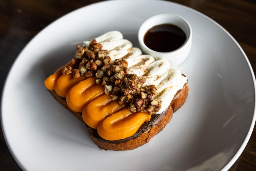 French toast is squiggled with sweet potato at AM/FM, a diner in the Dallas Design District.