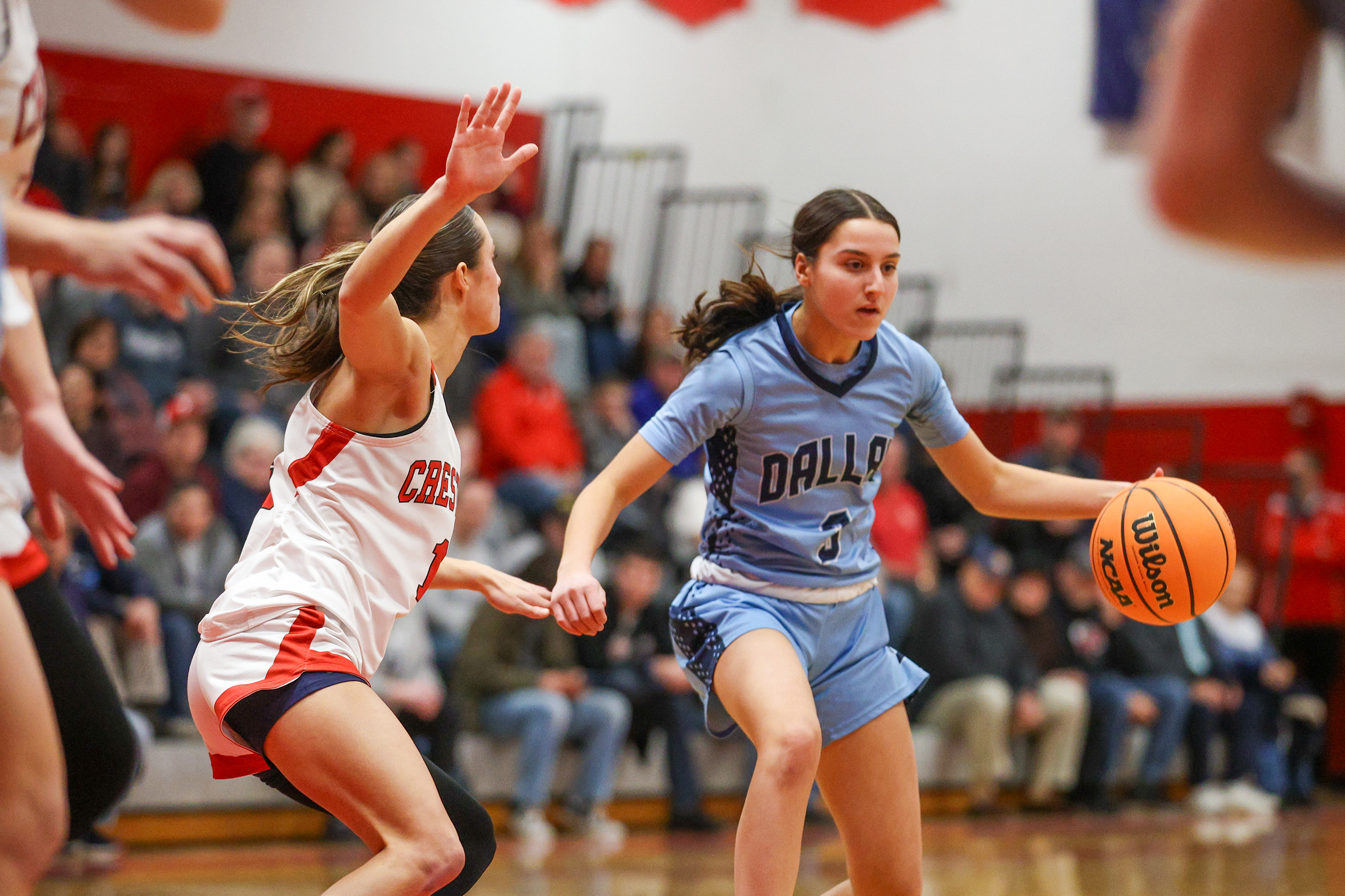 Dallas’ Mia Delgaudio (3) handles the ball during a basketball...