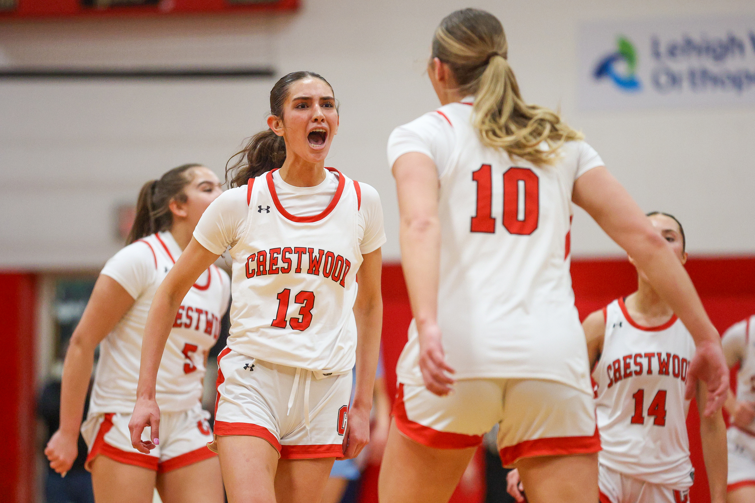 Crestwood’s Jackie Gallagher (13) celebrates with Charlie Hiller (10) after...