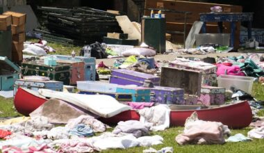Personal items sit outside cabins at Camp Mystic in Hunt, Texas on Wednesday, July 9, 2025. (AP Photo/Ashley Landis)