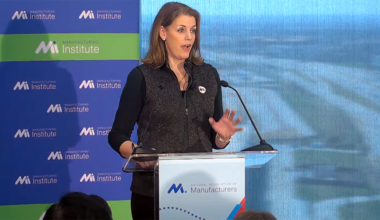 Manufacturing Institute President Carolyn Lee delivers the annual State of the Manufacturing Workforce Address at NTT DATA's North American headquarters in Plano on Feb. 25, 2026. [Screenshot/NAM YouTube]