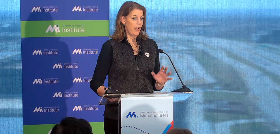 Manufacturing Institute President Carolyn Lee delivers the annual State of the Manufacturing Workforce Address at NTT DATA's North American headquarters in Plano on Feb. 25, 2026. [Screenshot/NAM YouTube]