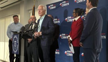 Sen. John Cornyn speaks at a Feb. 18 campaign event in Fort Worth. He’s running in the Republican primary for U.S. Senate.