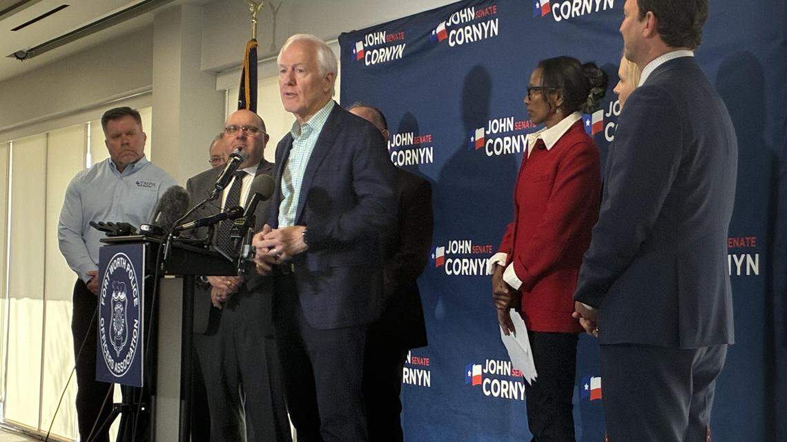 Sen. John Cornyn speaks at a Feb. 18 campaign event in Fort Worth. He’s running in the Republican primary for U.S. Senate.