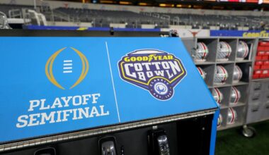 Cotton Bowl signage is displayed on the sideline before the College Football Playoff semifinal game between Texas and Ohio State, Jan. 10, 2025, in Arlington, Texas. (AP Photo/Gareth Patterson, File)
