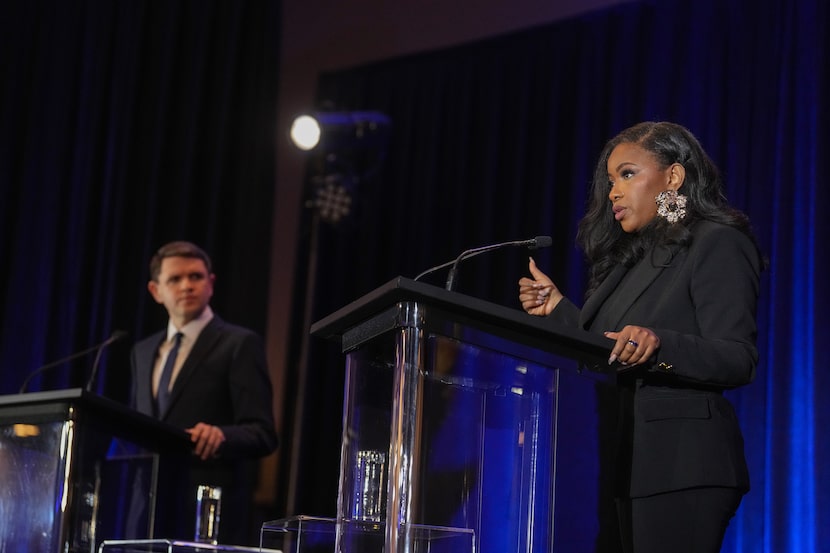 Primary candidates for U.S. Senate, Rep. Jasmine Crockett, D-Texas, right, and Texas state...