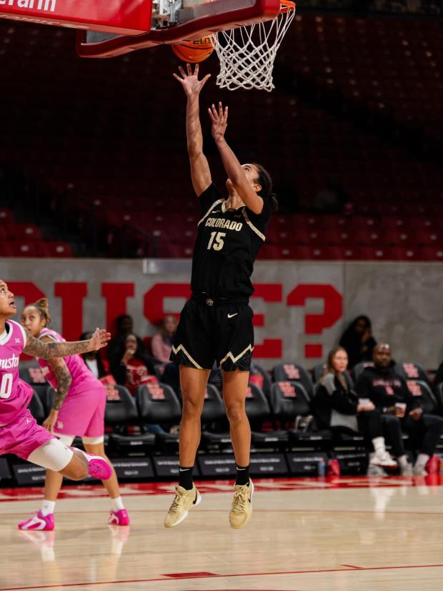 Colorado's Anaelle Dutat shoots a layup during a women's basketball game against Houston at the Fertitta Center in Houston on Wednesday, Feb. 11, 2026. (CU Athletics)