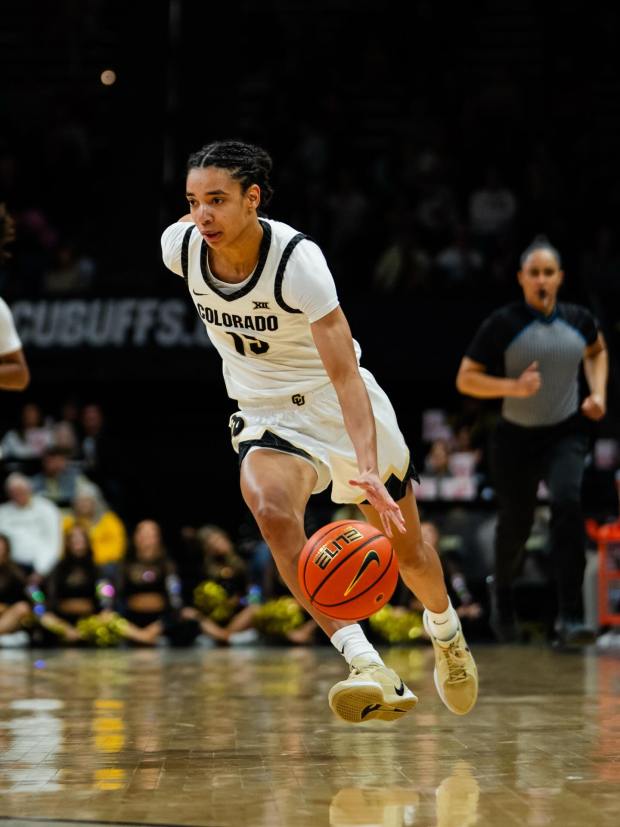 Colorado's Anaelle Dutat drives to the hoop during a game against Texas Tech on Feb. 21, 2026, at the CU Events Center in Boulder, Colorado. (CU Athletics)