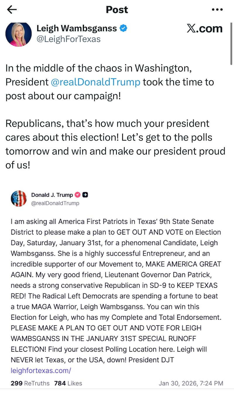 Failed-candidate Leigh Wambsganns thanked the president for his endorsement.
