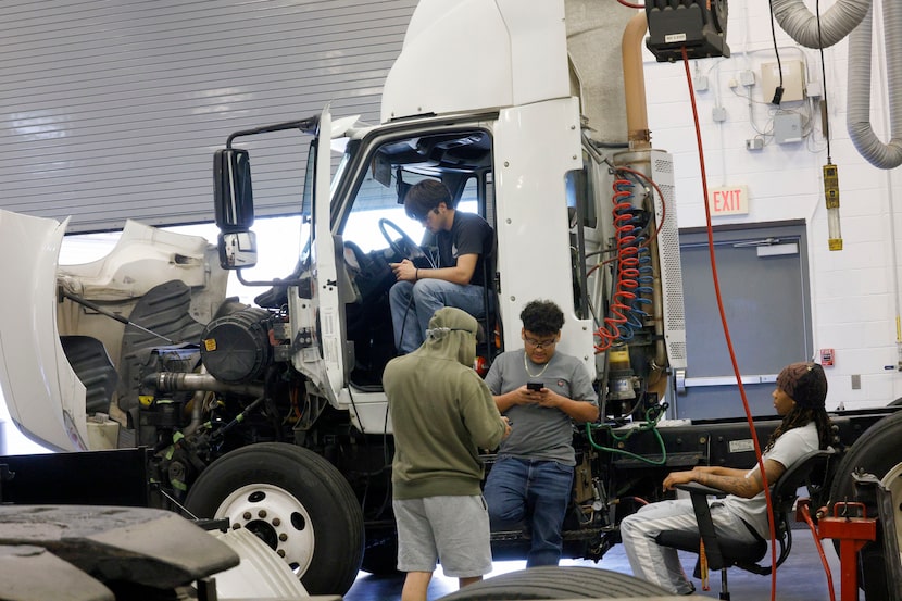 Dallas College Diesel Maintenance Technician Program students Adrian Villalpando, 18,...
