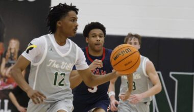 Birdville guard Brenden Williams (12) brings the ball down court in front of Denton Ryan guard Brayden McDade (3) during the second half of a UIL basketball game at Birdville High School in North Richland Hills, Texas, Tuesday Feb. 17, 2026.