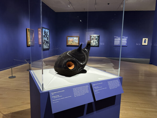 A photograph of a a velvet sculpture by Dorothea Tanning presented in a vitrine in a museum exhibition.