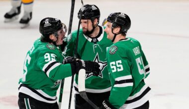 Dallas Stars' Matt Duchene (95), Jamie Benn (14) and Thomas Harley (55) celebrate Benn's goal in the second period of an NHL hockey game against the St. Louis Blues Wednesday, Feb. 4, 2026, in Dallas. (AP Photo/Tony Gutierrez)