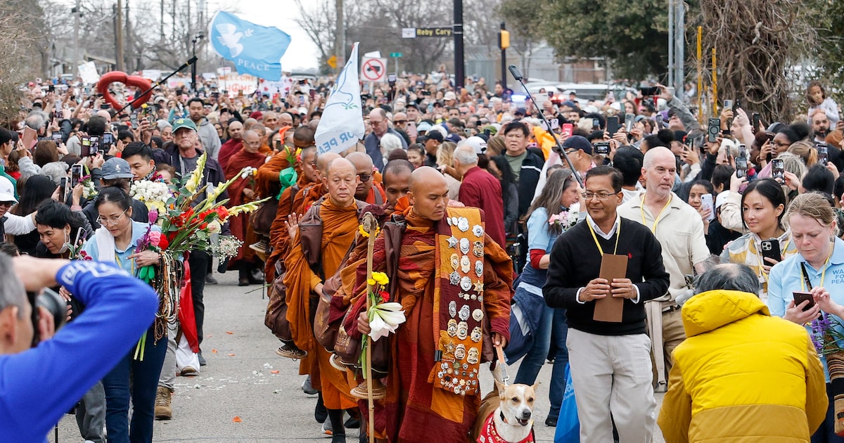 Monks walking for peace welcomed home by thousands in Fort Worth celebration