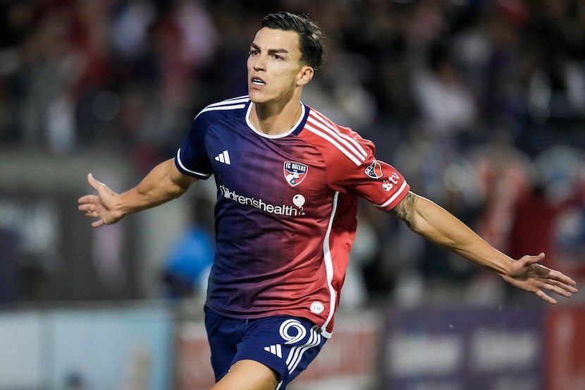 FC Dallas forward Petar Musa (9) celebrates after scoring a goal during the first half in...