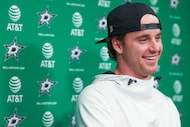  Dallas Stars goaltender Jake Oettinger reacts as he answers questions during end-of-season...