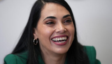 Rep. Mayra Flores, R-Texas, left, visits at a coffee shop, in Corpus Christi, Texas, Wednesday, Feb...
