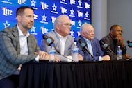 Dallas Cowboys head coach Brian Schottenheimer (from left), COO Stephen Jones, owner and...
