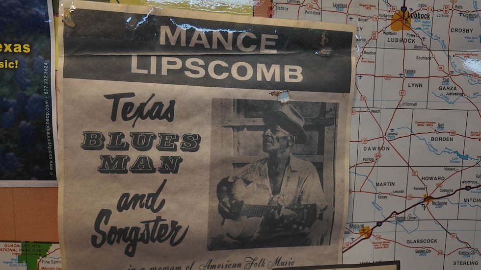 A flyer promoting Blues musician Mance Lipscomb in a makeshift museum inside Classic Rock...