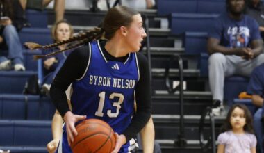 Byron Nelson guard Berkley Smith (13) looks to get the ball our of the defensive side against L.D. Bell during the first half of a girls UIL basketball game between Byron Nelson and L.D. Bell at L.D. Bell High School in Hurst, Texas, Friday Feb. 06, 2026